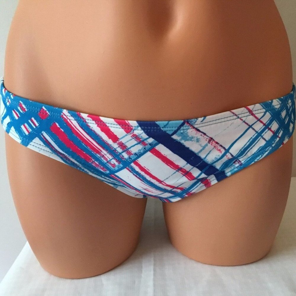 New Hurley Hipster Bikini Swim Bottom Aqua Blue White Red Plaid Size Small